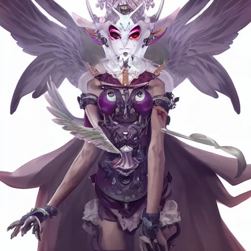 Image similar to A highly detailed masked Kawaii demon woman with wings and a platinum zen design on her mask, anime, by Akihiko Yoshida and Peter Mohrbacher, anime artwork in artstation