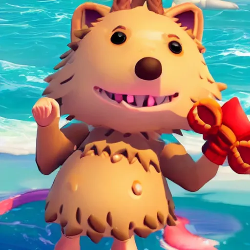 Image similar to hedgehog in a bikini in sea of thieves, hedgehog wearing a bikini, cute, colourful, happy, adorable, funny