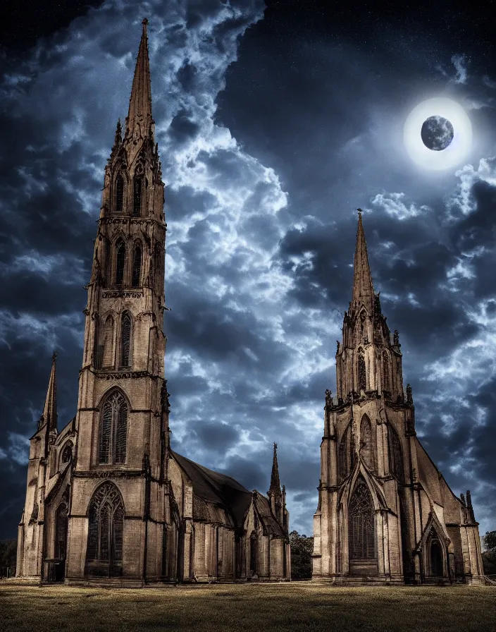 Image similar to A gothic church lit by the full moon, ultra realistic, epic lighting,epic clouds, cinematographic, 8K , award winning