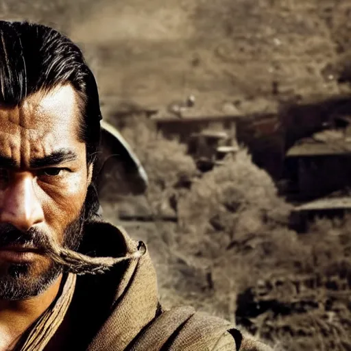 Image similar to handsome and strong! kurdish! samurai in a movie directed by christopher nolan, movie still frame, promotional image, imax 7 0 mm footage, perfect symmetrical facial features