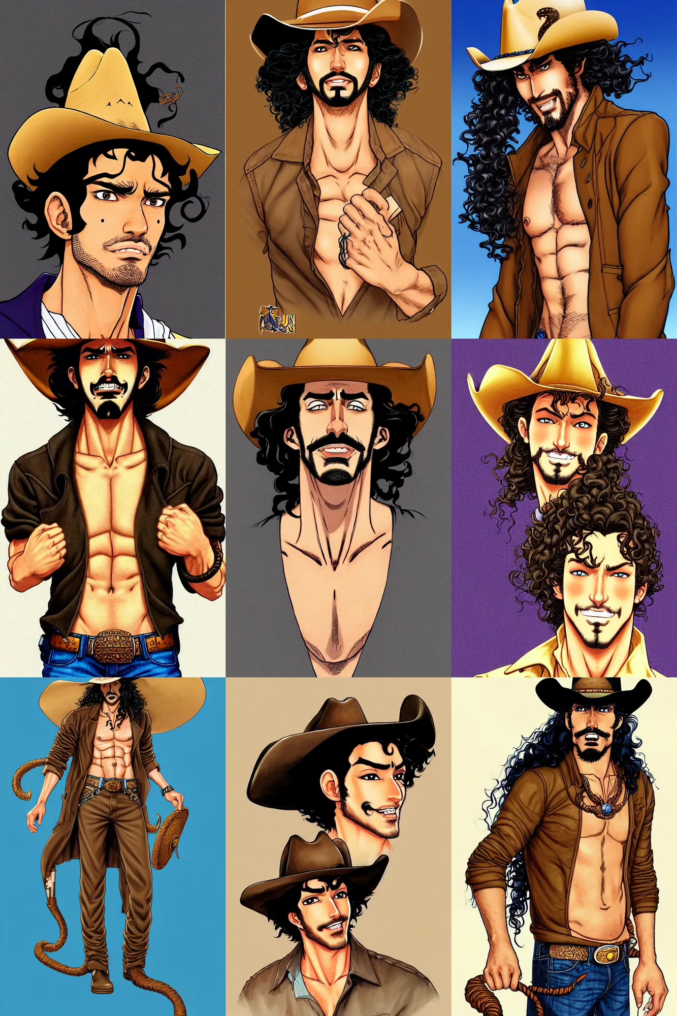Prompt: illustration of a handsome!! man with long black curly hair, tan skin, anchor goatee | wearing a cowboy hat | art by hirohiko araki & jean giraud & artgerm & jack kirby | artstation, character design, concept art, full body