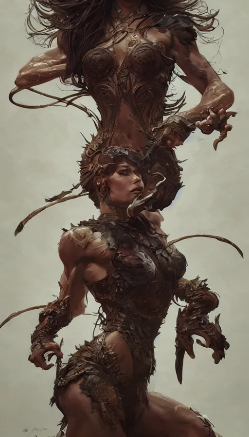 Image similar to savage beauty, sweaty, dynamic action pose, insane, intricate, highly detailed, digital painting, artstation, concept art, smooth, sharp focus, illustration, Unreal Engine 5, 8K, art by artgerm and greg rutkowski and alphonse mucha