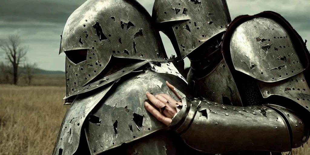 Image similar to film still of closeup the knight in shattered armor holds a bleeding heart by emmanuel lubezki