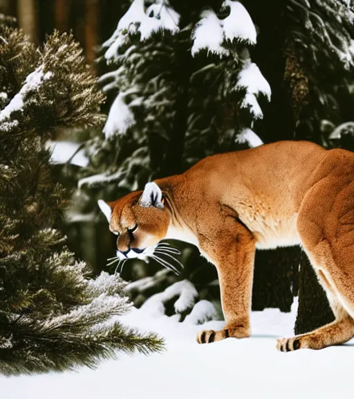 Image similar to torn up postcard showing 'a cougar sleeping in the middle of snowy pine tree' laying on coffee table, zoomed out shot, HD, iphone capture