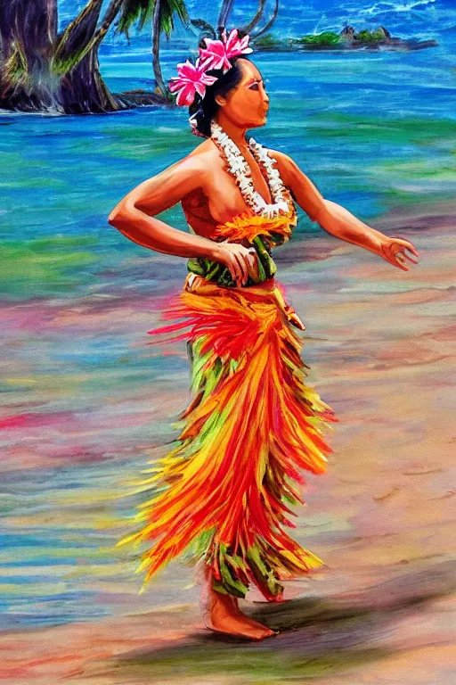 Prompt: traditional hawaiian hula dancer, high detail, beautiful background