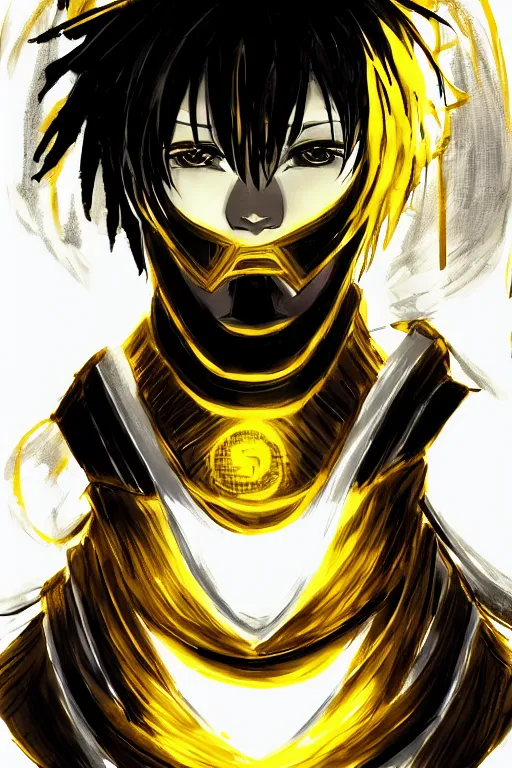 Image similar to glowing black male anime character, short golden hair, yellow eyes, symmetrical, highly detailed, digital art, sharp focus, trending on art station, samurai, electricity superpowers, anime art style