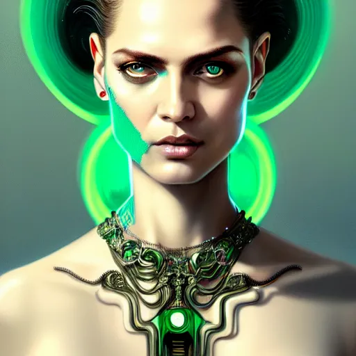 Prompt: woman with extremely large and intricate haircut with angry green eyes and slim features looking askance, eye cyberpunk bionics, retro futurist style, intricate, elegant gleaming intricate baroque jewelry, angelic halo, highly detailed, digital painting, artstation, concept art, smooth, sharp focus, illustration, art by wlop, mars ravelo and greg rutkowski,