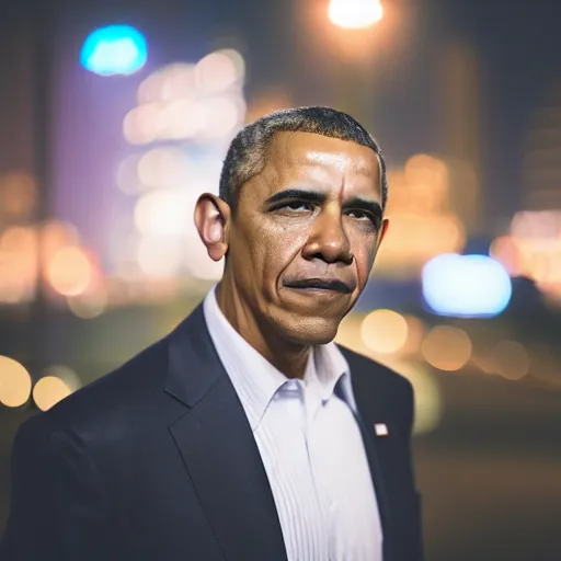 Image similar to a still of Barak Obama. Shallow depth of field. City at night in background, lights, colors ,studio lighting, mood, 4K. Profession photography