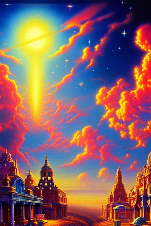 Prompt: a photorealistic detailed cinematic image of a beautiful vibrant iridescent future for human evolution, spiritual science, divinity, utopian, cumulus clouds, ornate architecture, isometric, by david a. hardy, kinkade, lisa frank, wpa, public works mural, socialist