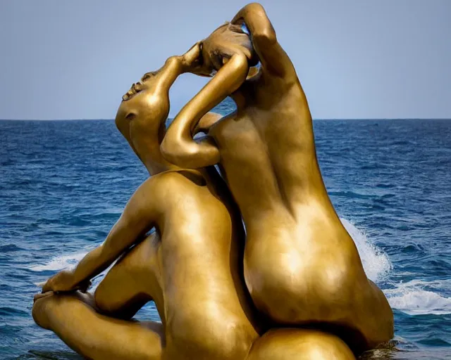 Prompt: a massive modern sculpture of desperate bronze people trying to climb a golden wave on the ocean water, in the style of jeff koons and michelangelo, inspired by the greatest sculptors, cinematic, hyper - realistic, very detailed, realistic water splashes, ray tracing, 8 k resolution, long - shot, sharp focus, low angle, 8 5 mm photograph, wide lens