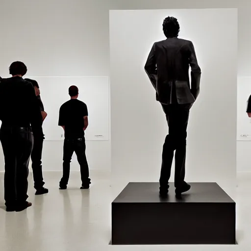 Prompt: perspective altered men stood in an art gallery, staring at a sculpture made by alien jeff koons, hd photorealism, 3 5 mm lens w 1 0 2 4 h 7 6 8