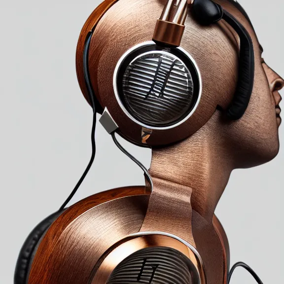 Image similar to masterpiece photo of beautiful hand crafted artistic detailed transparent headphones, bismuth rainbow metal, electronics see through, plush leather pads, displayed on mahogany desk, modernist headphones, bismuth beautiful well designed, hyperrealistic, audiophile, intricate hyper detail, extreme high quality, photographic, audeze, sennheiser, raal, bang olufsen, abyssal