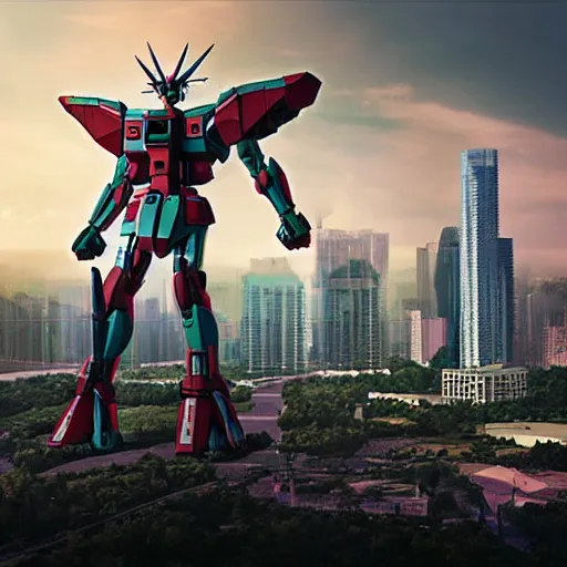 Image similar to realistic building, monster, shenzhen, wide landscape, eva, gundam