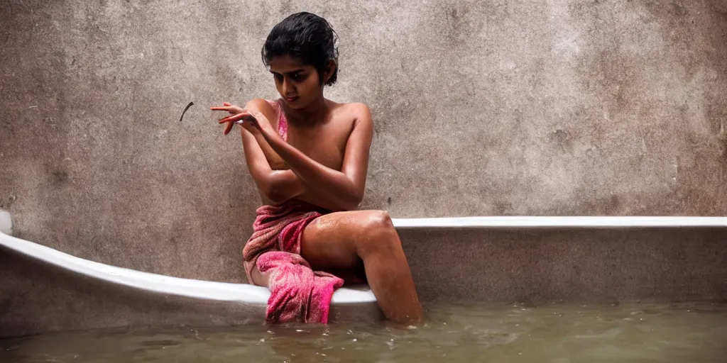 Image similar to sri lankan young woman in a bath tub, film still, thriller movie style