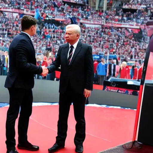 Image similar to jarosław kaczynski shaking hands with robert lewandowski