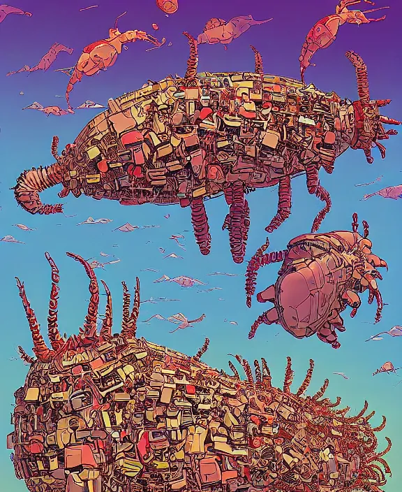 Image similar to city skyline made from obese sea slug lobsters, in the style of a puffy spaceship, skeletons, partly cloudy, spooky, dramatic lighting, by geof darrow, bill sienkiewicz, dan mumford, yusuke murata, makoto shinkai, ross tran, cinematic, unreal engine, cel shaded, featured on artstation, pixiv