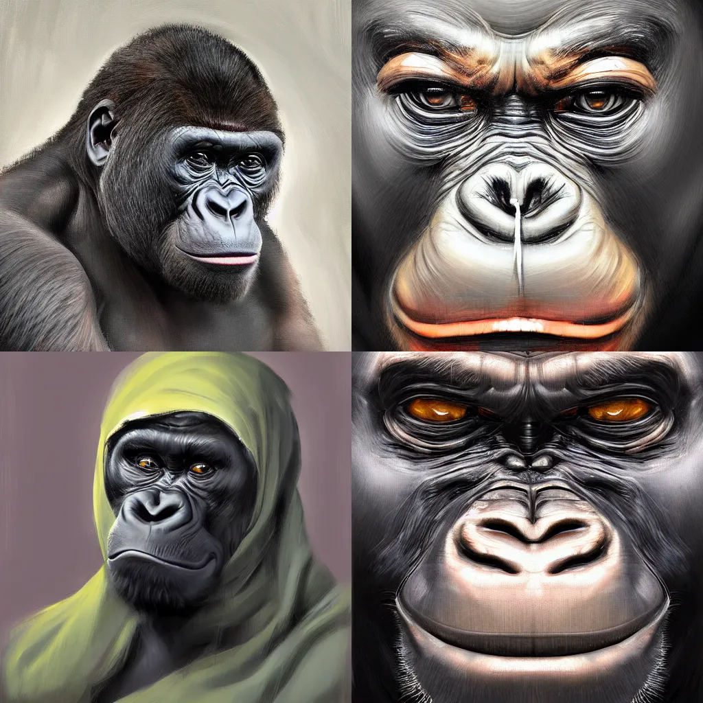 Prompt: A hyperdetailed digital oil portrait painting of a smiling gorilla with a hijab in the style of Guy Denning and Ruan Jia. Trending on ArtStation and DeviantArt. Digital art.