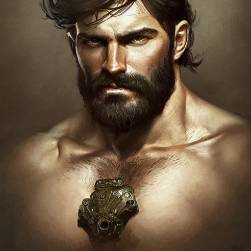 Image similar to portrait of a rugged ranger, muscular, upper body, hairy torso, d & d, fantasy, intricate, elegant, highly detailed, digital painting, artstation, concept art, smooth, sharp focus, illustration, art by artgerm and greg rutkowski and alphonse mucha