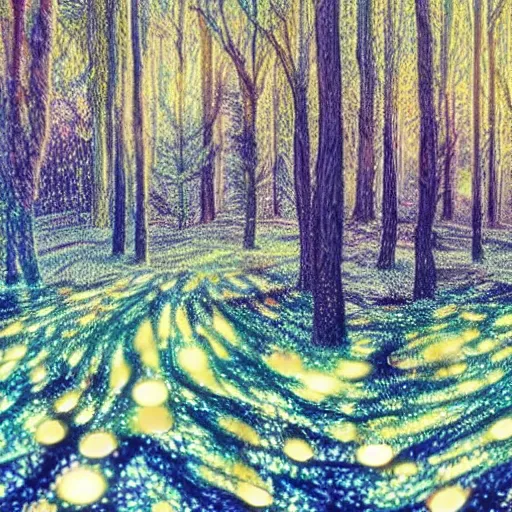 Image similar to bright nordic forest, sparkling spirits, detailed wide shot, crayon, ground detailed, wet eyes reflecting into eyes reflecting into infinity, beautiful lighting