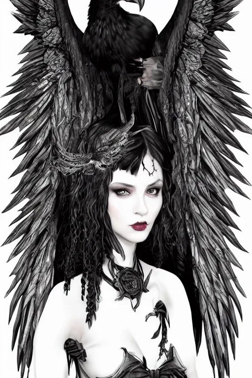 Prompt: beautiful woman with raven wings, gothic, highly detailed, trending on artstation,