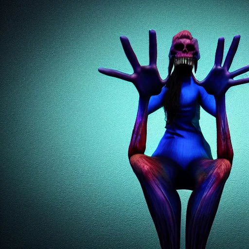 Prompt: television monster woman, 3 d, octane render, paint 3 d, scary, evil, gradient background, colorful, muscular hands, large steel legs, dark dull blue background