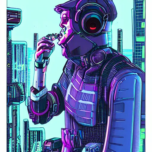 Prompt: A cyberpunk cybernetic synthwave cyborg android smoking weed while staring out at the city below