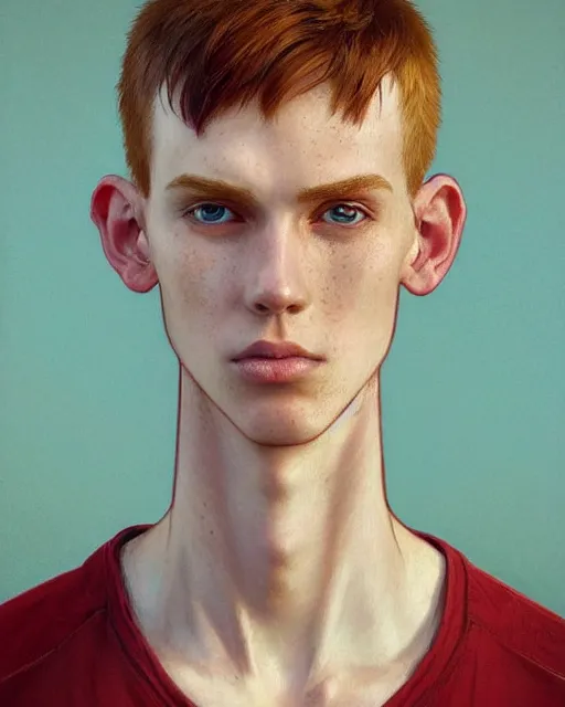 Prompt: symmetry!! portrait of tall, thin, 1 5 - year - old boy with a long nose, a lot of freckles, fiery red hair, and bright blue eyes, highly detailed, digital painting, artstation, concept art, smooth, sharp focus, illustration, art by artgerm and greg rutkowski and alphonse mucha