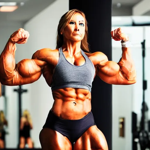 Image similar to female bodybuilder looking skeptically at her reflection in a full body mirror