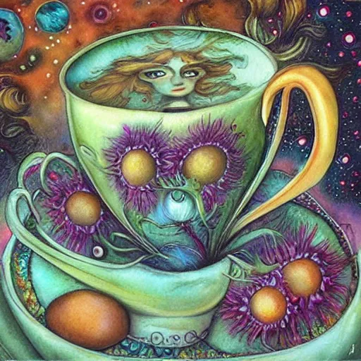 Image similar to surreal hippie coffee, artwork by daniel merriam