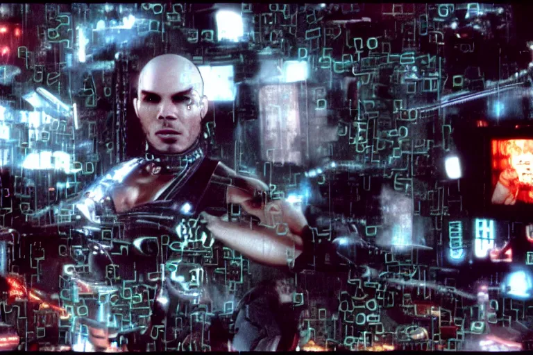 Prompt: cyborg - pitbull, surrounded by screens, in 2 0 0 1, y 2 k cybercore, industrial low - light photography, still from a ridley scott movie