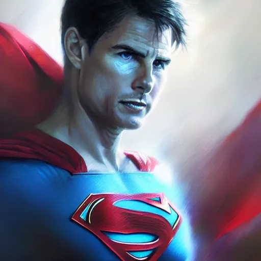 Prompt: anime tom cruise as superman, intricate oil painting by greg rutkowski, trending on artstation