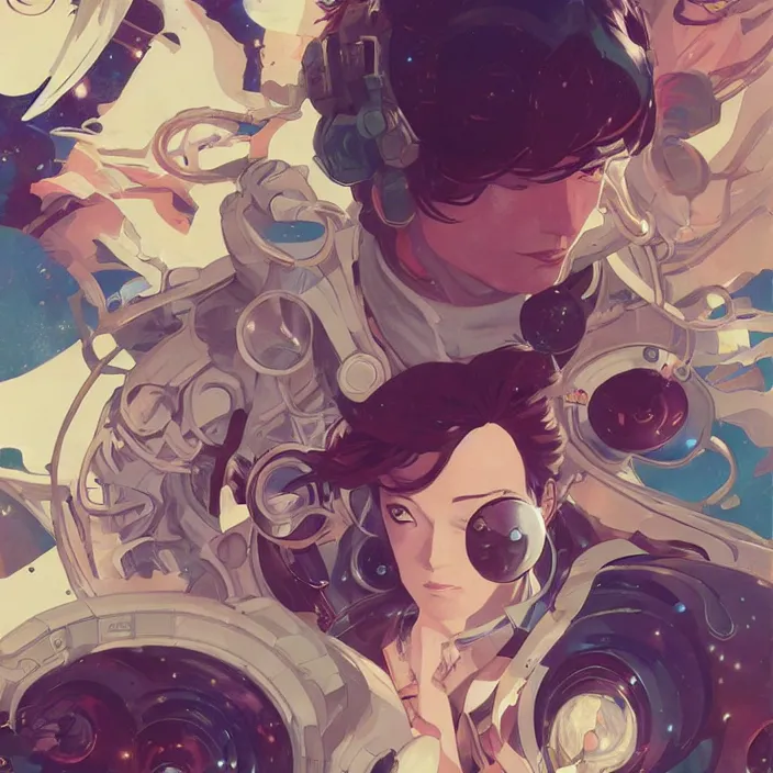 Image similar to anime portrait space pirate captain, futuristic science fiction, mucha, hard shadows and strong rim light, art by jc leyendecker and atey ghailan and sachin teng