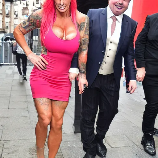 Prompt: jodie marsh joined at hip with Michael mcintyre combining pepper pig tea at the ritz