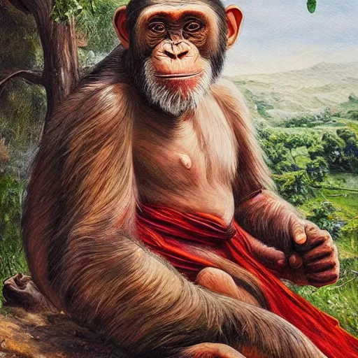 Image similar to beautiful painting by sophie anderson of a chimpanzee wearing traditional men kurdish clothes baggy pants and white shirt with a large sash tied around the waist in a kurdish village, award winning art, insanely detailed, bright colors, global illumination, cute, young, stunning