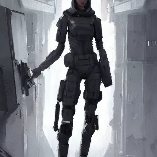 Prompt: concept art by greg rutkowski, a very tall, slender female soldier wearing futuristic white and black tactical gear, brutalist futuristic interior, dim lighting, detailed portraits, nostalgic atmosphere, scifi, digital painting, artstation, concept art, smooth, sharp foccus ilustration, artstation hq