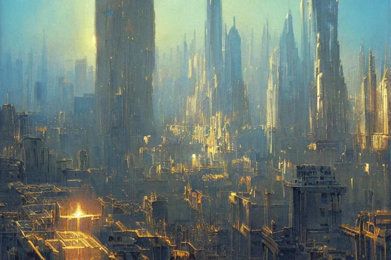 Image similar to city of golden shadows, intricate detailed painting, cityscape, john harris