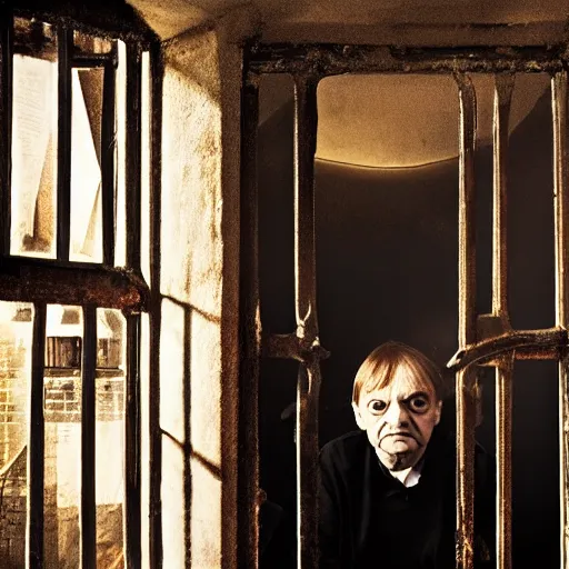 Image similar to mark e smith lurking in a dark scary castle, light shining through bars in the window