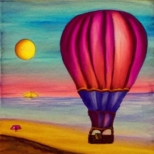 Prompt: a hot air balloon floats over a beach at violet sunset, whimsical art style