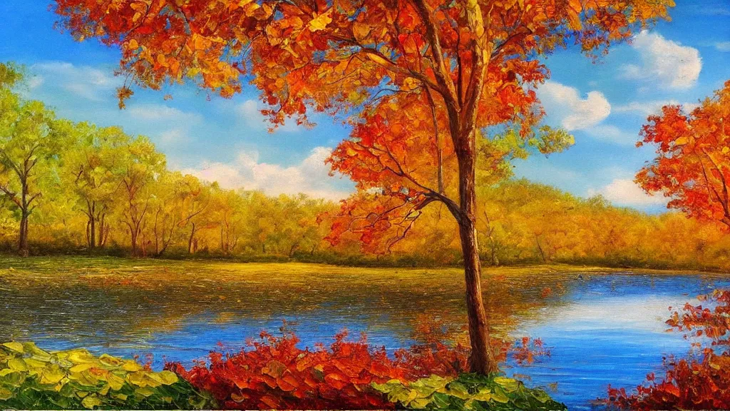 Image similar to beautiful panoramic landscape, oil painting, trees surrounding the reflective waters of a lake, gentle cloud cover and the sunbeams are falling through the gaps, the trees around have leaves the color of autumn,, by bob ross