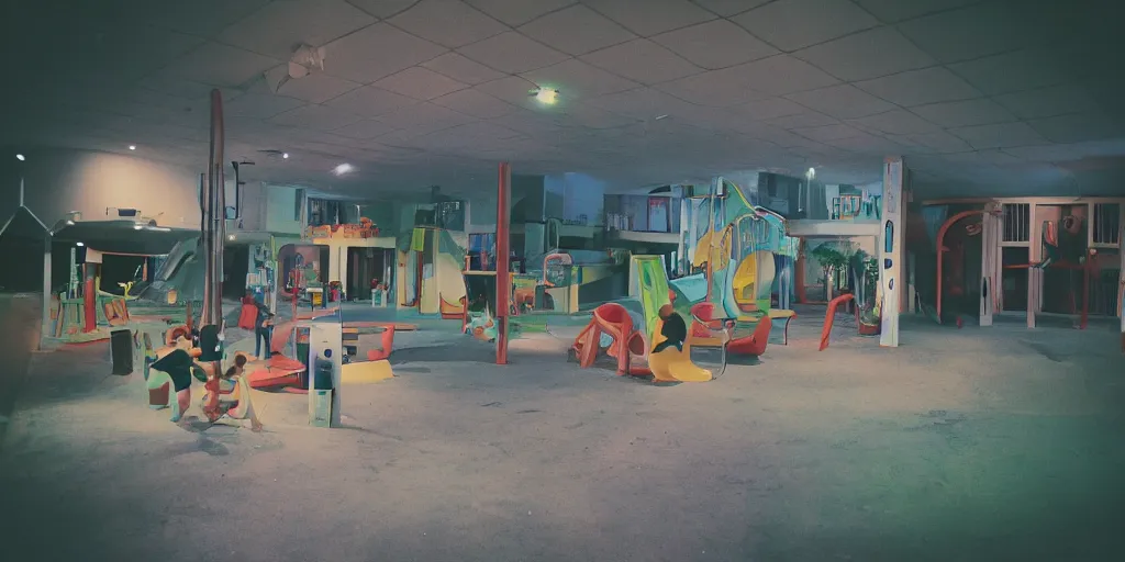 Image similar to a weird modern place, house, playground, office, pool, bar, pub, interior, room with eerie feeling, disposable colored camera, camera flash, unusual place, unsettling, kids place, night scene