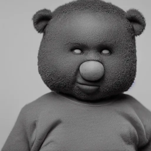 Image similar to Portrait studio photograph of baby Kanye West with a anthropomorphic teddy bear, close up, shallow depth of field, in the style of Felice Beato, Noir film still, 40mm