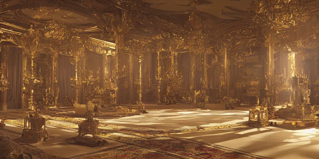 Prompt: a grand oriental throne room by by feng zhu , unreal engine, god rays, ue5, concept art, wide angle, 4k hd wallpaper