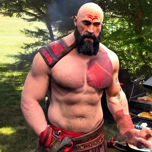 Prompt: kratos at a backyard barbecue
