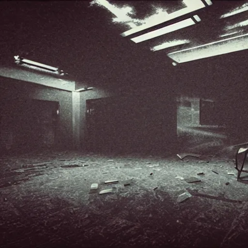 Image similar to cctv of an extremely dark empty abandoned building with glowing humanoid cryptid made out of television static, dark deep black shadows, red and black color contrast in the style of trevor henderson and james ensor goya, liminal space, 3 d octane render, glitch effect