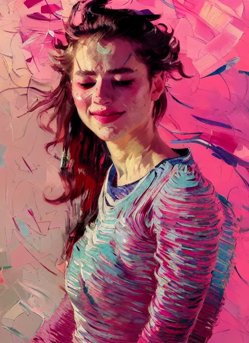 Image similar to portrait of a beautiful girl, smiling, ecstatic, dancing, eyes closed, open mouth, shades of pink, beautiful face, rule of thirds, intricate outfit, spotlight, by greg rutkowski, by jeremy mann, by francoise nielly, by van gogh, digital painting
