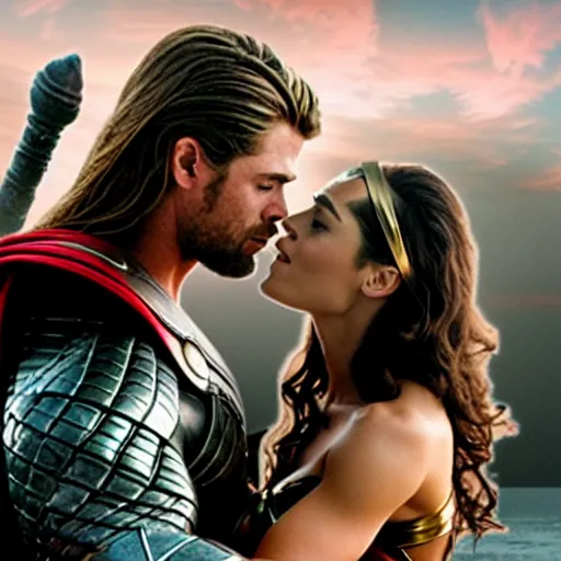 Prompt: chris hemsworth as thor, and gaul gadot as wonder woman, romantic movie scene, kissing, making out, photo