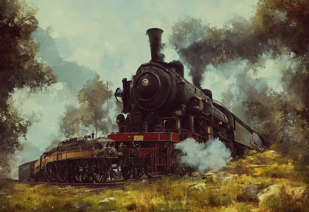 Image similar to a 1 9 th century steam train in a stunning landscape by ismail inceoglu, oil on canvas, line art, winning - award masterpiece, fantastic, octane render, 8 k hd resolution, high quality image