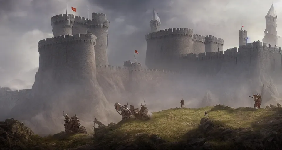 Prompt: ten medieval soldiers atop a castle wall looking over a vast medieval kingdom rule by an evil king. it is a quiet morning. mist, epic, cinematic, volumetric lighting, symmetry, fantasy style, highly - detailed, unreal 5, realism