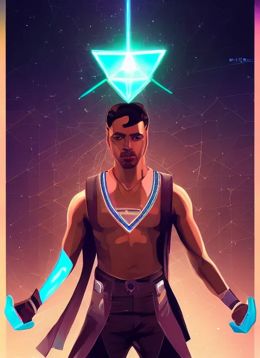 Image similar to symmetry!! egyptian prince holding crystal scepter of power, solid cube of light, hard edges, product render retro - futuristic poster scifi, lasers and neon circuits, brown skin man egyptian prince, intricate, elegant, highly detailed, digital painting, artstation, concept art, smooth, sharp focus, illustration, dreamlike, art by artgerm