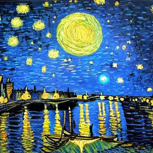 Prompt: a cityscape with a glowing moon in the night sky, inspired by vincent van gogh's starry night and claude monet's paintings of rouen cathedral at different times of the day